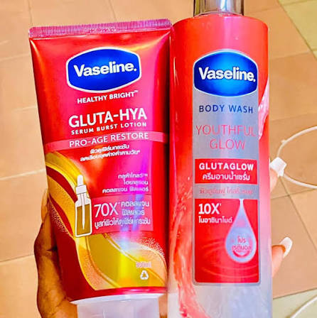 Vaseline Healthy Bright Gluta Hya Serum Burst Lotion Pro-Age Restore 200ml x2 plus gel douche 425ml