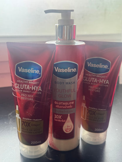 Vaseline Healthy Bright Gluta Hya Serum Burst Lotion Pro-Age Restore 200ml x2 plus gel douche 425ml