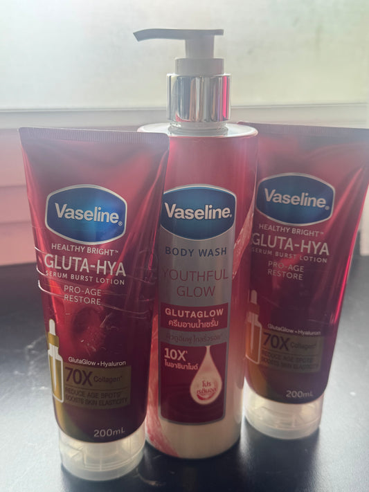 Vaseline Healthy Bright Gluta Hya Serum Burst Lotion Pro-Age Restore 200ml x2 plus gel douche 425ml